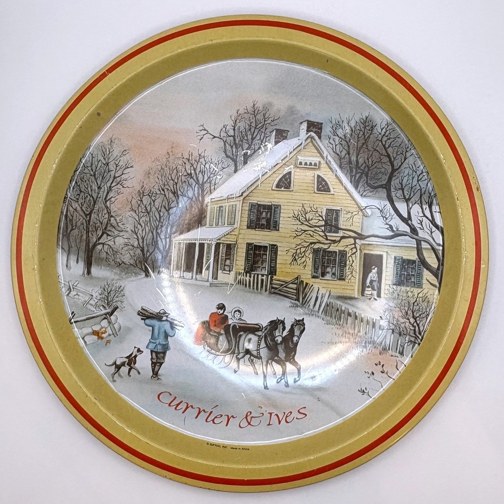 Vtg Currier Ives Winter Metal Tray American Homestead Cottagecore Litho Tin 70s